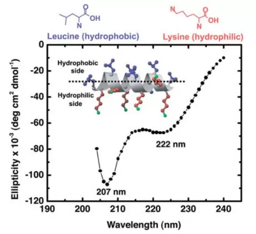 CD spectrum of 140 g/mL LK14 peptide in PBS buffer showing a typical -helical secondary structure (Mermut et al., 2006)